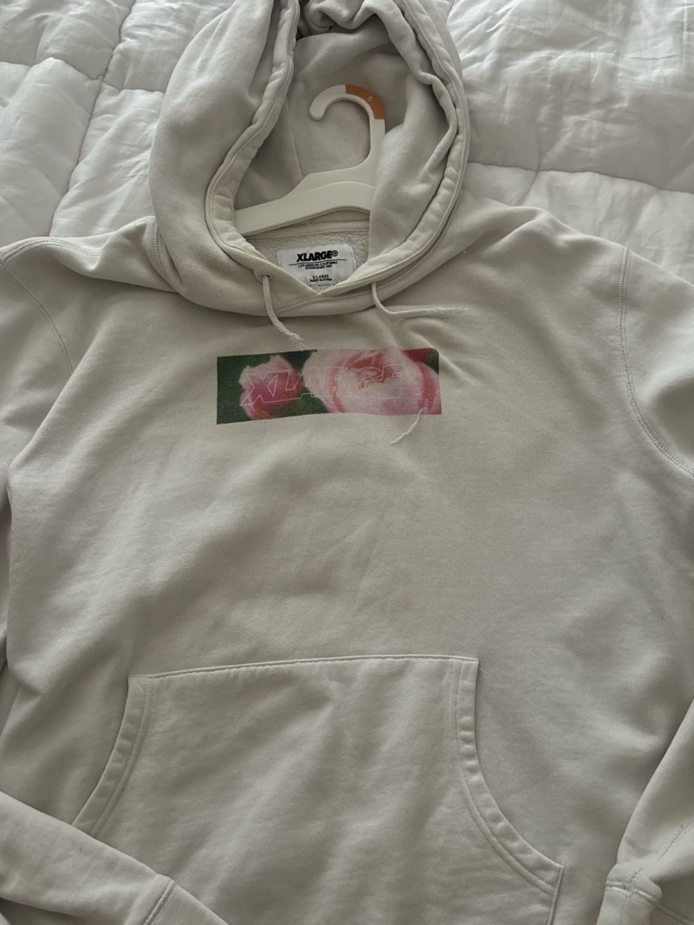 XLARGE White Hoodie with Pink Rose Graphic